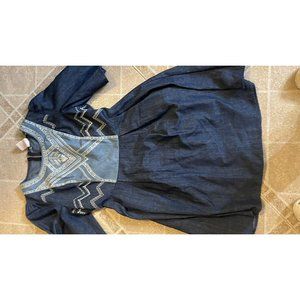 Flying Tomato Chambray Lightweight Denim Embroidered Short Sleeve Dress S Aztec